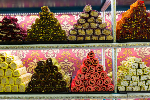 istock Turkish delight of various varieties on showcase 1309605909