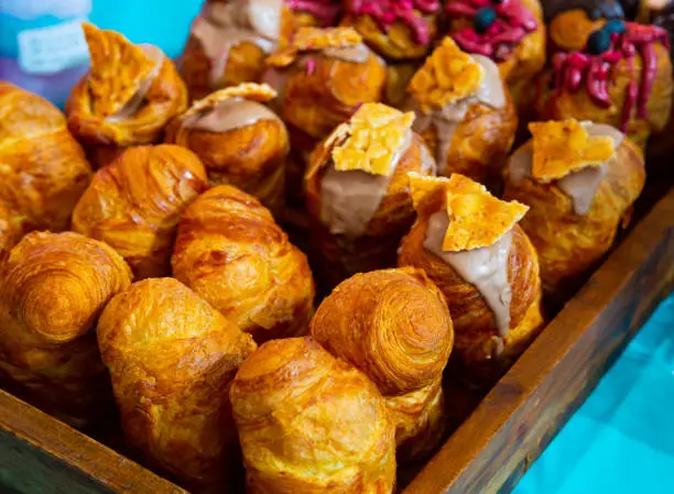 Photo of Sweet cruffins from yeast puff pastry with different toppings