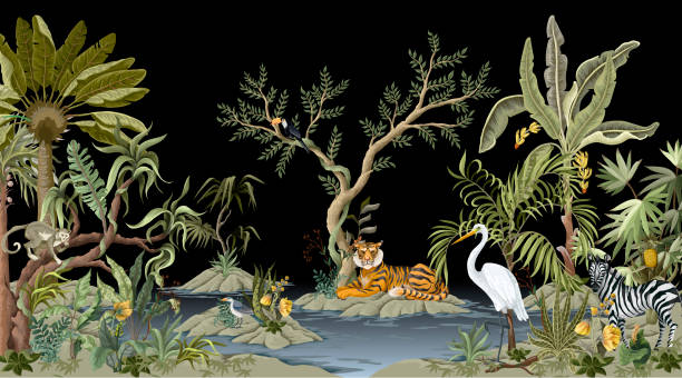 ilustrações de stock, clip art, desenhos animados e ícones de border with jungles trees,animals and islands. trendy tropical print - elephant water vector animals in the wild