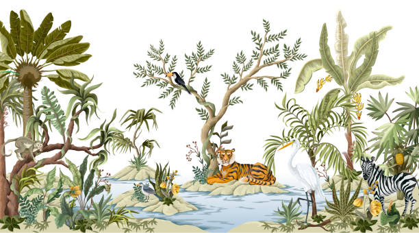stockillustraties, clipart, cartoons en iconen met grens met jungles bomen, dieren en eilanden in chinoiserie stijl. trendy tropische interieurprint - watercolour jungle
