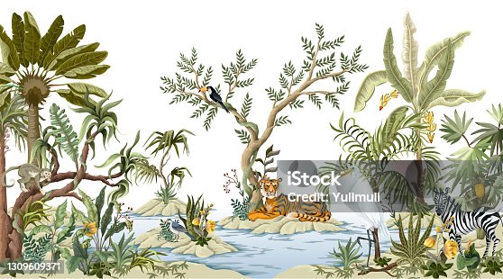 istock Border with jungles trees, animals and islands in chinoiserie style. Trendy tropical interior print 1309609371