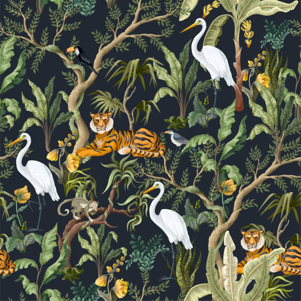 ilustraciones, imágenes clip art, dibujos animados e iconos de stock de patrón sin costuras con selvas árboles y animales. impresión tropical de moda - retro ilustraciones