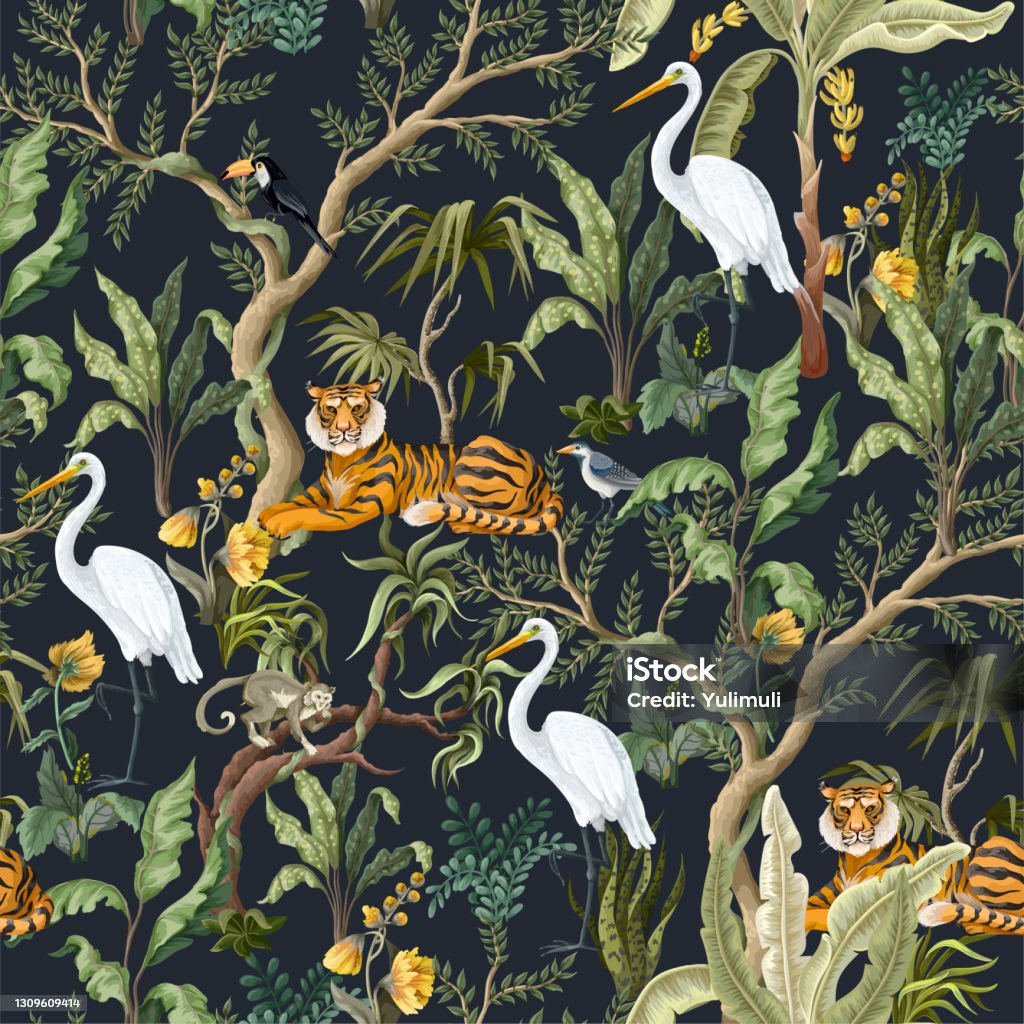 Modello senza cuciture con giungle alberi e animali. Stampa tropicale alla moda - arte vettoriale royalty-free di Foresta pluviale Modello senza cuciture con giungle alberi e animali. Stampa tropicale alla moda - arte vettoriale royalty-free di Foresta pluviale