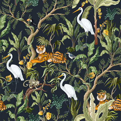 Seamless pattern with jungles trees and animals.