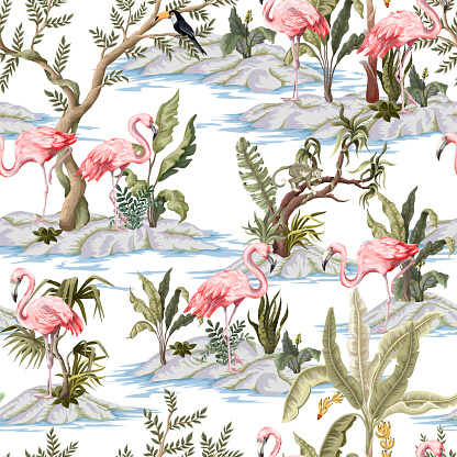 Seamless pattern with flamingo and jungles trees. Trendy tropical print.