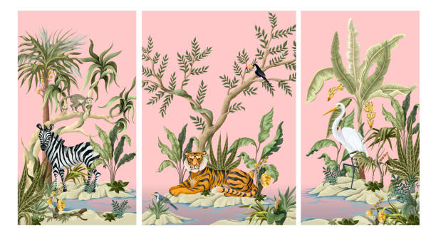 ilustraciones, imágenes clip art, dibujos animados e iconos de stock de borde con selvas árboles, animales e islas en estilo chinoiserie. impresión interior tropical de moda - bosque pluvial ilustraciones