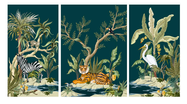 ilustrações, clipart, desenhos animados e ícones de fronteira com árvores de selva, animais e ilhas no estilo chinoiserie. impressão interior tropical da moda - elephant water vector animals in the wild