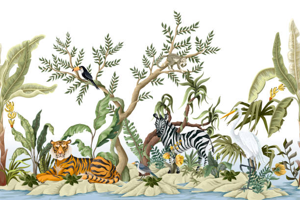 ilustrações de stock, clip art, desenhos animados e ícones de border with jungles trees and animals. trendy tropical print - elephant water vector animals in the wild