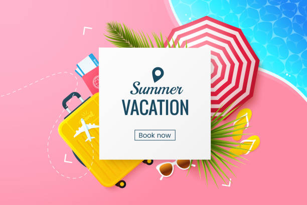 Summer vacation vector illustration. Flat lay composition with beach umbrella, travel suitcase, sunglasses, slates. Rest at the resort. Summertime travel banner template. Online booking. Summer vacation vector illustration. Flat lay composition with beach umbrella, travel suitcase, sunglasses, slates. Rest at the resort. Summertime travel banner template. Online booking. pink beach umbrella stock illustrations