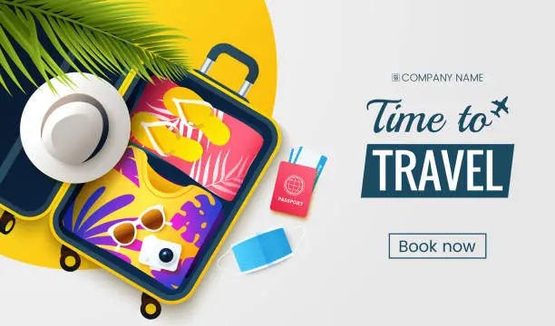 Vector illustration of Time to travel. Summer vacation flat lay vector illustration. Open suitcase with stuff, protective face mask and accessories. Preparation for seasonal vacations. Traveling promo banner design.