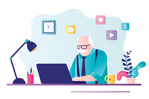 Elderly gray-haired businessman works on laptop. Male pensioner sits at desktop and works. Concept of freelance for retired people and remote job. Grandfather working at home. Flat vector illustration