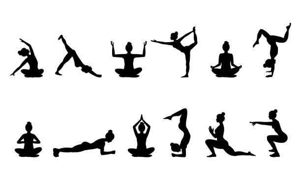 illustrations, cliparts, dessins animés et icônes de ensemble des silhouettes noires de femme dans différentes poses de yoga, d’isolement sur le fond blanc - stretching exercising gym silhouette