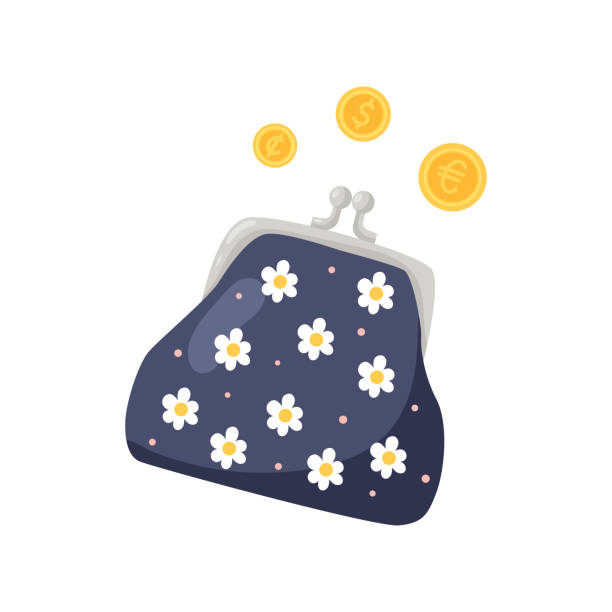 ilustraciones, imágenes clip art, dibujos animados e iconos de stock de gold coin vector de bolso moderno - purse