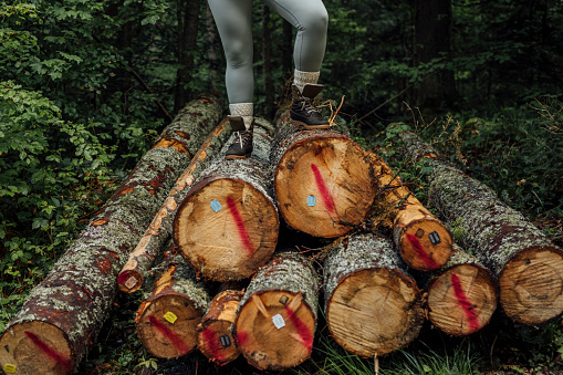 Anonymous  Plus Size woman in outdoor sportswear standing on a log in the forest, nature exploration concept.