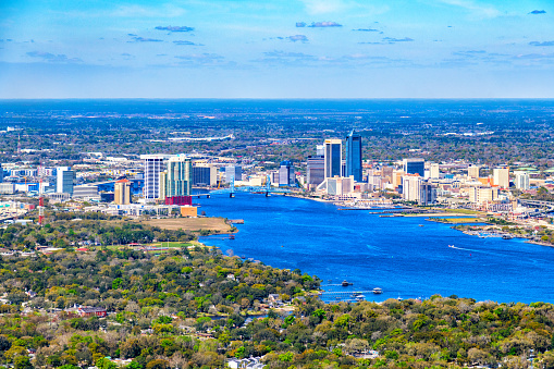 Aerial view of the beautiful city of Jacksonville Florida along the St. Johns River from an altitude of about 1000.