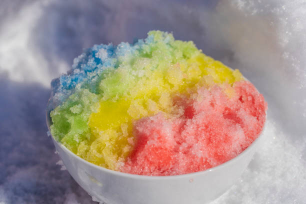 istock Rainbow shaved ice in dessert bowl on white snow background, close up 1309620593