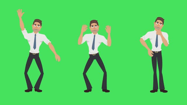Three Actions, Cartoon Character Businessman jumping, excited, dancing, waving, 4K Loopable,
