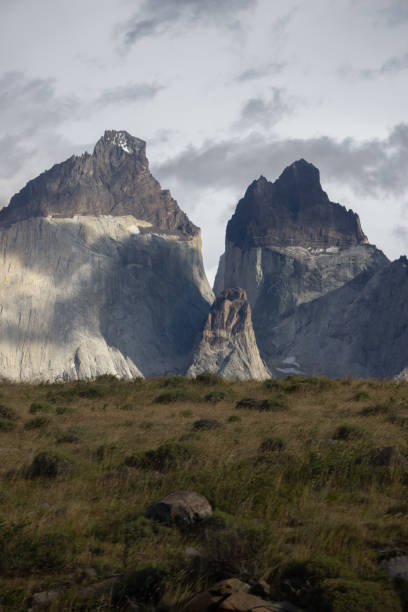 칠레 남부 파타고니아 호 페호(pehoe) 호수에서 토레스 델 아펠 국립공원의 경적을 감상할 수 있는 멋진 수직 전망 - rockie mountains 이미지 뉴스 사진 이미지