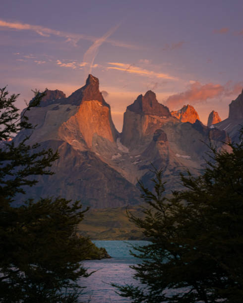 칠레 남부 파타고니아 호 페호(pehoe) 호수에서 토레스 델 아펠 국립공원의 경적을 감상할 수 있는 멋진 수직 전망 - rockie mountains 이미지 뉴스 사진 이미지