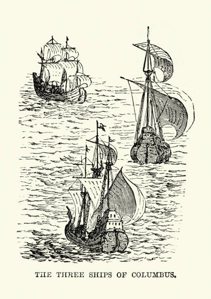 크리스토퍼 콜럼버스, 산타 마리아, 니나, 핀타 3척 - replica nina ship stock illustrations