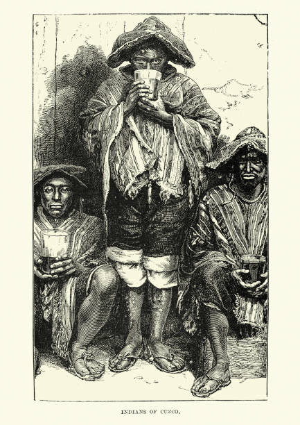 tubylcy cusco, peru, picie chicha, wiktoriański 19th century - old fashioned indigenous culture inca past stock illustrations