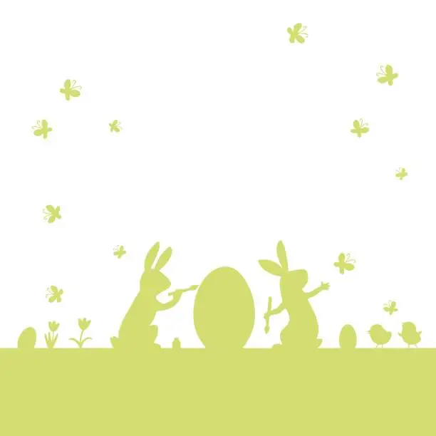 Vector illustration of Easter vector flat background with green silhouette of rabbit, chick,egg, butterfly