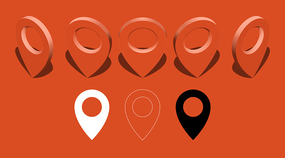 Pin location gps icon with shadow and glow. Isometric marker red  white black shape element. Set of direction variations. Map navigation place vector symbol. Position pointer sign.