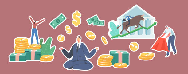 ilustrações, clipart, desenhos animados e ícones de conjunto de stickers bull market trading. personagens com dinheiro, empresário meditando em moedas de ouro e contas. toureiro - cape cobra