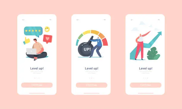 Vector illustration of Level Up Mobile App Page Onboard Screen Template. Business Characters Increase Level Quality, Customers Evaluation Rate