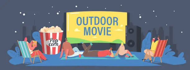 Vector illustration of Characters Spend Night with Friends at Outdoor Movie Theater. People Watching Film on Big Screen with Sound System.