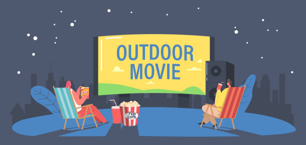 People with Pop Corn in Open Air Cinema at House Backyard or City Park. Characters Spend Night at Outdoor Movie Theater People with Pop Corn in Open Air Cinema at House Backyard or City Park. Characters Spend Night at Outdoor Movie Theater Watching Film on Big Screen with Sound System. Cartoon Vector Illustration movie-theater-exterior stock illustrations