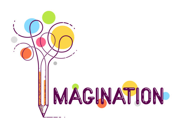 ilustraciones, imágenes clip art, dibujos animados e iconos de stock de palabra de imaginación con lápiz en lugar de letra i, concepto de imaginación y fantasía, logotipo creativo conceptual vectorial o póster hecho con fuente especial. - imagination