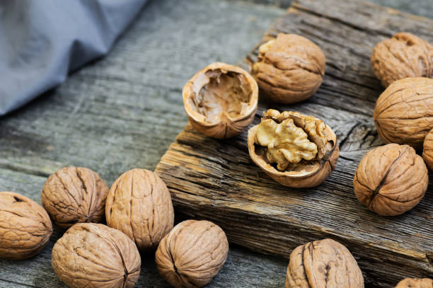 istock Ripe and raw whole big walnut kernel with shell on rustic backdrop. healthy nut food for brain 1309633529