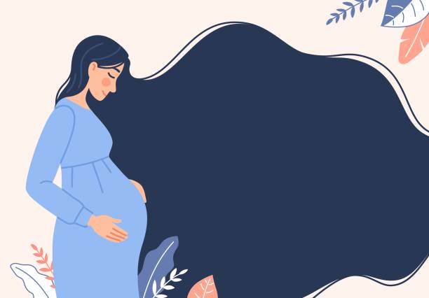 ilustrações de stock, clip art, desenhos animados e ícones de pregnant woman with long hair background. flat happy smiling young mom expecting a baby hold belly. prenatal care. pregnancy concept. motherhood banner design. cartoon child birth vector illustration. - dress human pregnancy young women women