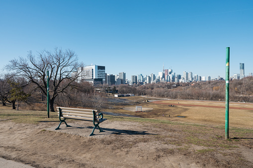A Bench at Riverdale park to see Toronto City Skyline in the morning Ontario Canada