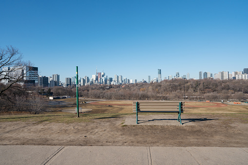 A Bench at Riverdale park to see Toronto City Skyline in the morning Ontario Canada