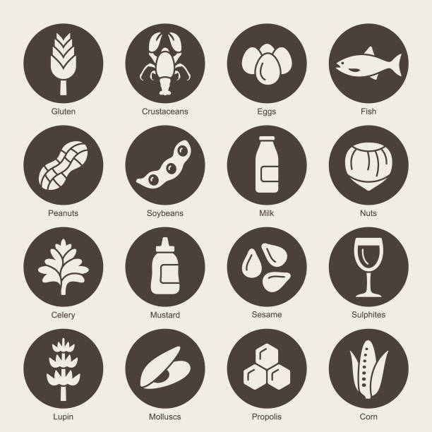 ilustrações de stock, clip art, desenhos animados e ícones de food allergens vector icons - allergy food peanut pollen