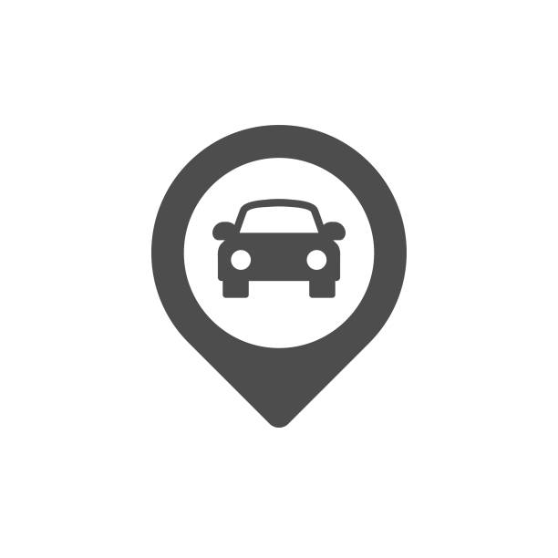 stockillustraties, clipart, cartoons en iconen met pin kaart auto locatie plat pictogram - parkeren