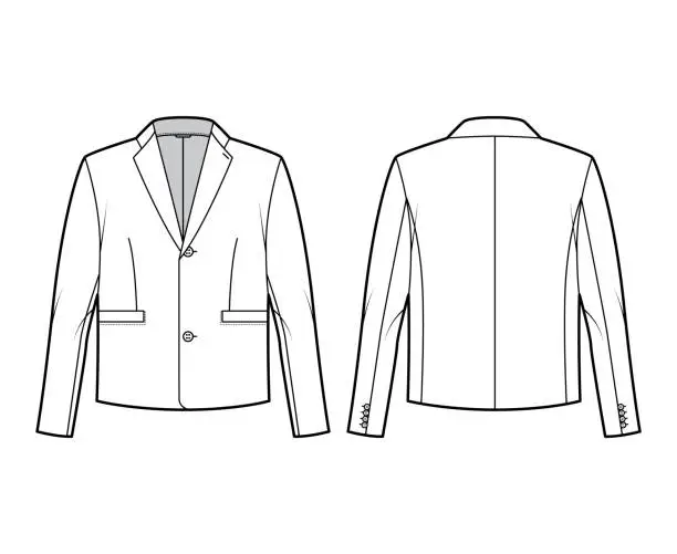 Vector illustration of Single breasted jacket suit technical fashion illustration with long sleeves, notched lapel collar, flap welt pockets