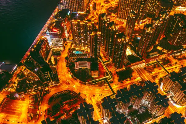 Stunning aerial view at night of golden like street in Hong Kong