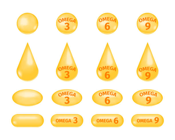 ilustrações de stock, clip art, desenhos animados e ícones de omega fatty acids 3, 6 and 9. golden drops and pills of fish oil set. polyunsaturated fats icons isolated on white background. vector realistic illustration - fatty acid