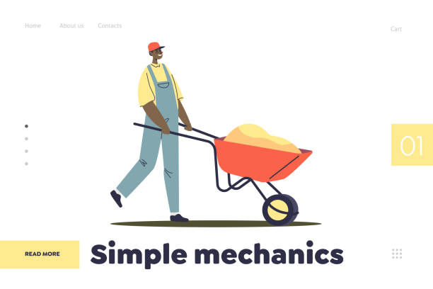 Simple mechanics concept of landing page with man worker pushing wheelbarrow Simple mechanics concept of landing page with man worker pushing wheelbarrow. Cartoon male character in uniform lift wheel barrow carry sand. Builder with trolley at work. Flat vector illustration building contractor illustrations stock illustrations