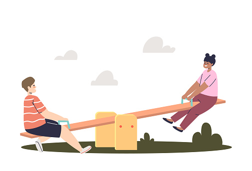 Kids on seesaw. Cute boy and girl on playground having fun together in seesaw. Children balancing and playing. Cartoon preschoolers activity. Flat vector illustration
