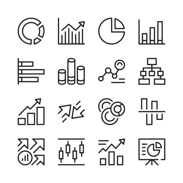 그래프 선 아이콘이 설정됩니다. 차트, 데이터 통계, 높고 낮은, 정보 프리젠 테이션, 증가 및 기호, 인포 그래픽 개념을 감소. 현대적인 그래픽 디자인. 얇은 선 개념입니다. 간단한 선형 윤곽선  - graph arrow sign chart single line stock illustrations