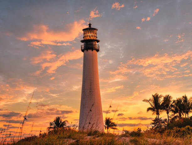 istock sunset beautiful sky lighthouse light sky orange clouds horizon palms 1309651407