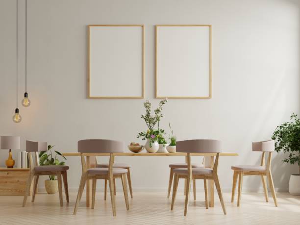 istock Mock up poster in modern dining room interior design with white empty wall. 1309652350
