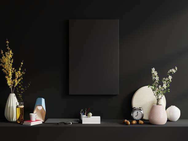 istock Mockup frame on shelf in living room interior on empty dark wall background. 1309652369