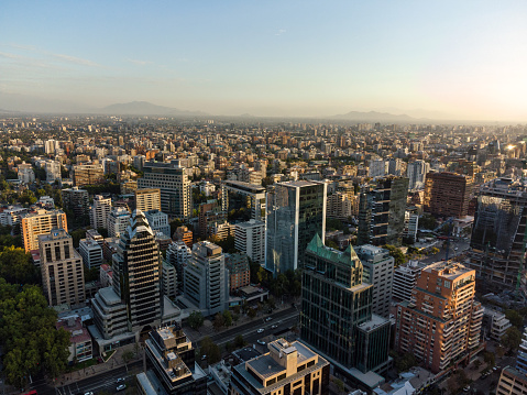 Aerial view of Santiago de Chile skyline at sunset in Las Condes commune