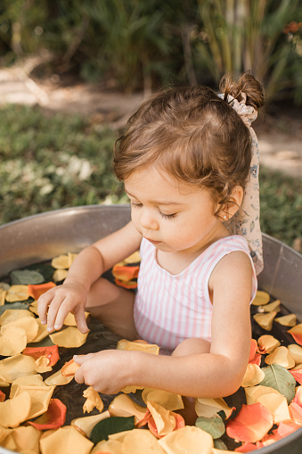 Toddler Girl Playing in a Galvanized Tin Filled with Fresh Yellow & Orange Spring Rose Petals and Fresh Water
