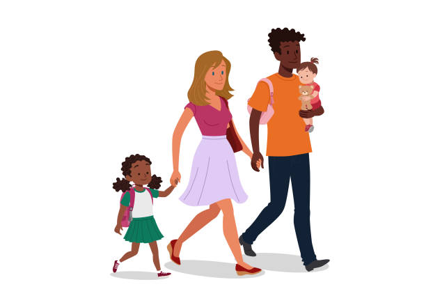 Multi ethnic family Multi ethnic couple taking their kids to school diverse family stock illustrations